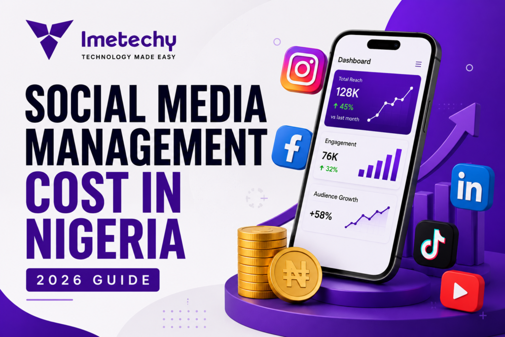 Social media management cost in Nigeria showing pricing, content creation, social media strategy, and business growth services.