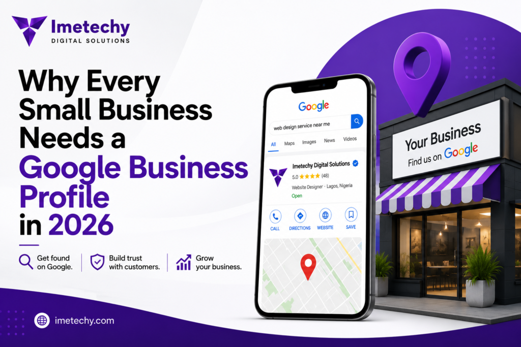 Why Every Small Business Needs a Google Business Profile in 2026 – Professional blog cover featuring Google Business Profile, local SEO, Google Maps visibility, customer trust, and business growth for small businesses.