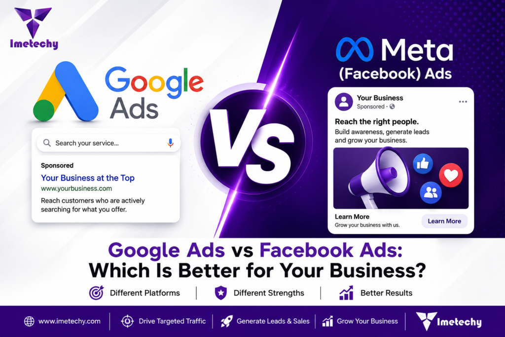 Google Ads vs Facebook Ads comparison banner showing the differences between search advertising and social media advertising to help businesses choose the best platform for lead generation, sales, and business growth.